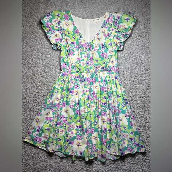 Mittoshop Dress Womens Small Mini Floral Cap Sleeve Ruffles Lined Vneck Flowy - Picture 1 of 6